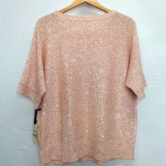 NWT Emaline Pink Pullover Sequin Short‎ Sleeve Sweater Blouse Size XL - Picture 3 of 16